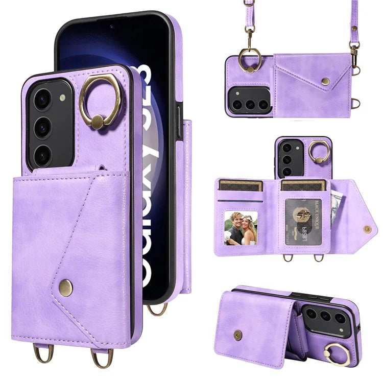 002 For Samsung Galaxy S23 Case Card Holder Leather + TPU Phone Cover with Long Shoulder Strap