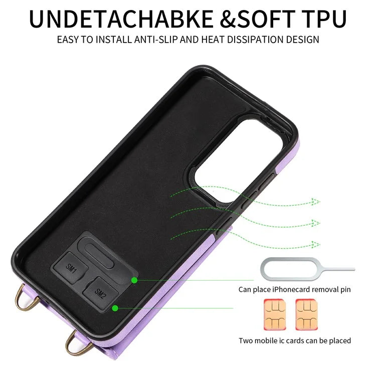 002 For Samsung Galaxy S23 Case Card Holder Leather + TPU Phone Cover with Long Shoulder Strap