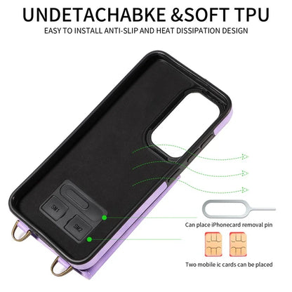 002 For Samsung Galaxy S23 Case Card Holder Leather + TPU Phone Cover with Long Shoulder Strap