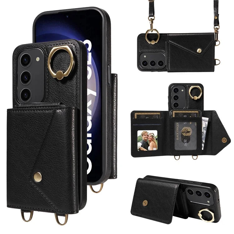 002 For Samsung Galaxy S23 Case Card Holder Leather + TPU Phone Cover with Long Shoulder Strap