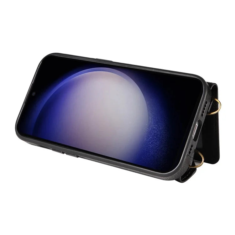 002 For Samsung Galaxy S23 Case Card Holder Leather + TPU Phone Cover with Long Shoulder Strap