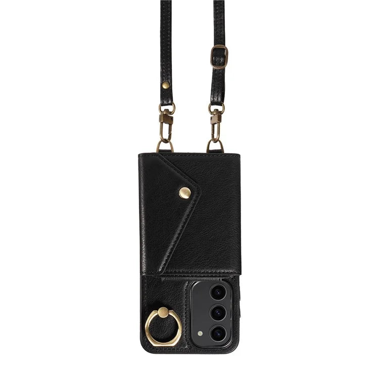 002 For Samsung Galaxy S23 Case Card Holder Leather + TPU Phone Cover with Long Shoulder Strap