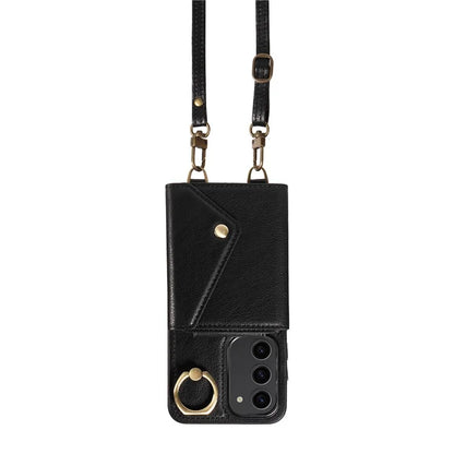 002 For Samsung Galaxy S23 Case Card Holder Leather + TPU Phone Cover with Long Shoulder Strap