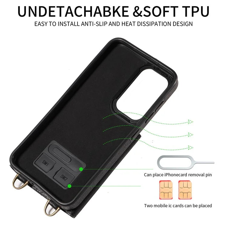 002 For Samsung Galaxy S23 Case Card Holder Leather + TPU Phone Cover with Long Shoulder Strap