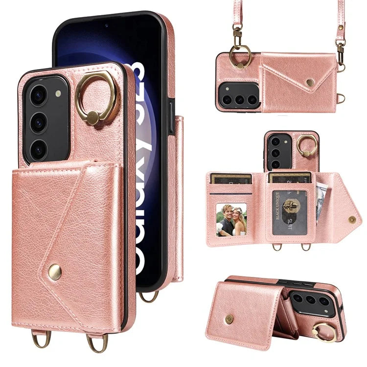 002 For Samsung Galaxy S23 Case Card Holder Leather + TPU Phone Cover with Long Shoulder Strap