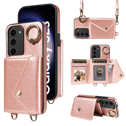 002 For Samsung Galaxy S23 Case Card Holder Leather + TPU Phone Cover with Long Shoulder Strap