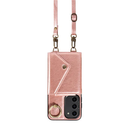 002 For Samsung Galaxy S23 Case Card Holder Leather + TPU Phone Cover with Long Shoulder Strap