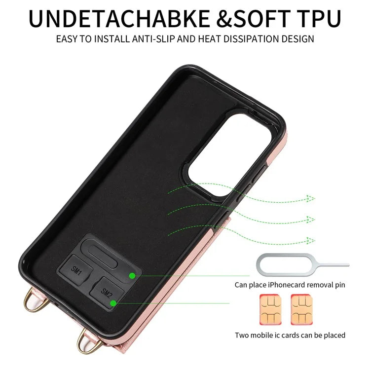 002 For Samsung Galaxy S23 Case Card Holder Leather + TPU Phone Cover with Long Shoulder Strap