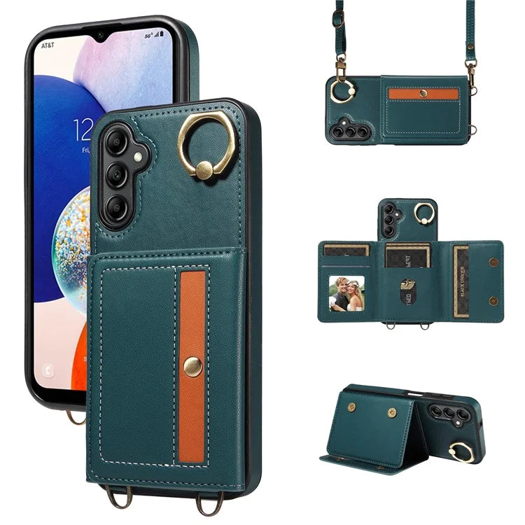 007 For Samsung Galaxy A14 4G / 5G Crossbody Case Card Holder Leather Splicing Phone Cover