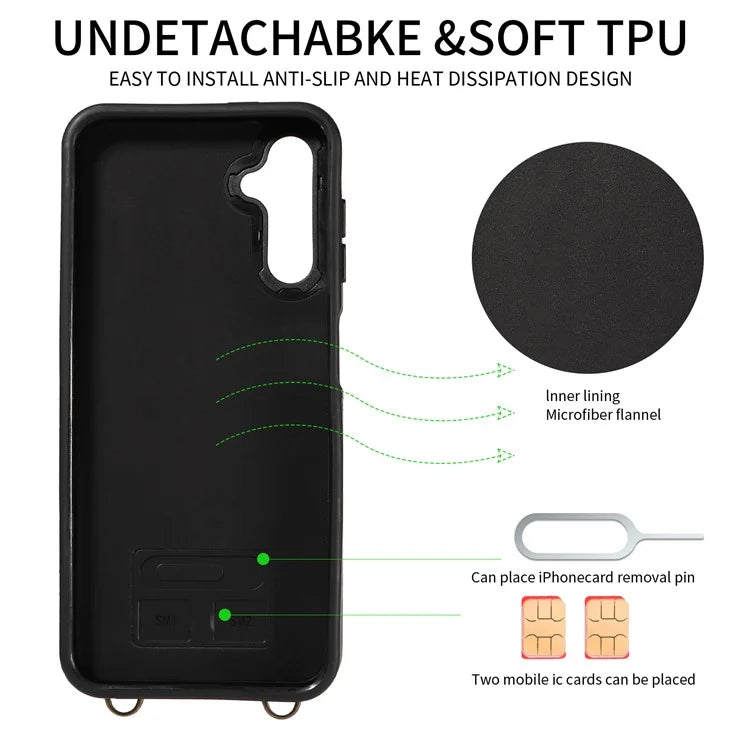 007 For Samsung Galaxy A14 4G / 5G Crossbody Case Card Holder Leather Splicing Phone Cover