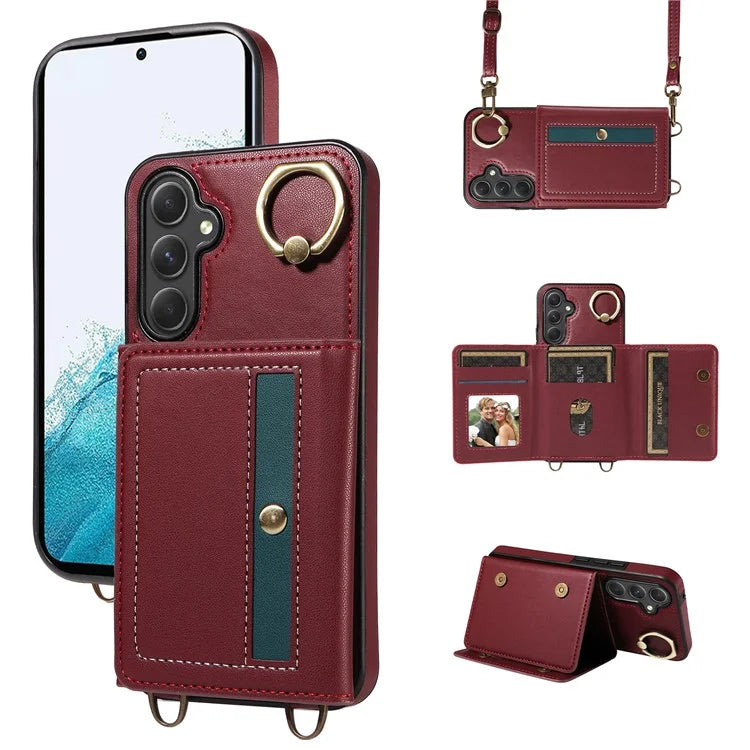 007 For Samsung Galaxy A54 5G Case Leather + TPU Splicing Phone Cover with Crossbody Shoulder Strap