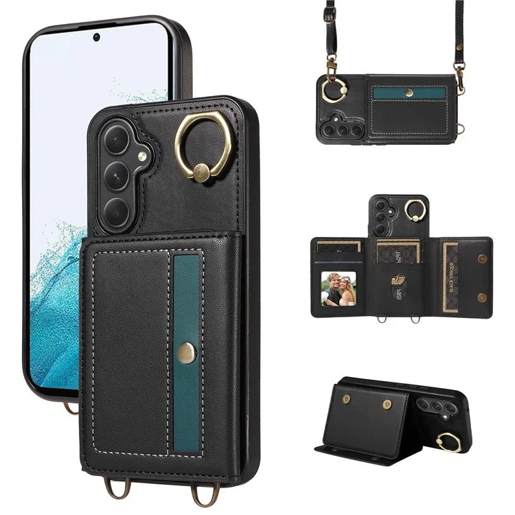 007 For Samsung Galaxy A54 5G Case Leather + TPU Splicing Phone Cover with Crossbody Shoulder Strap