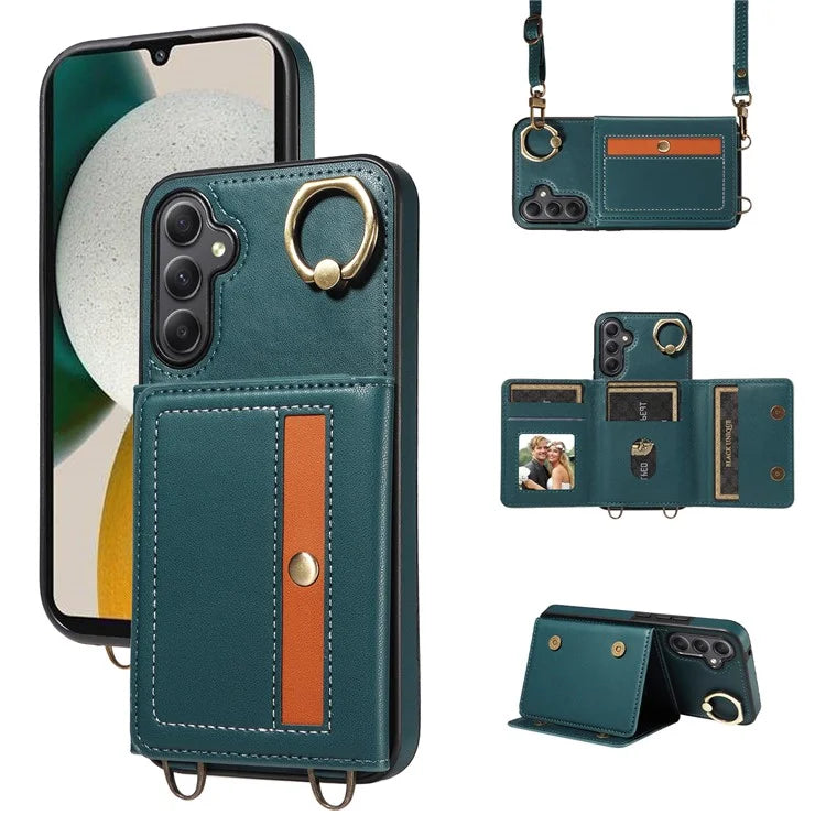 007 For Samsung Galaxy A34 5G Case Calf Texture Leather Phone Back Cover with Lanyard Ring Holder
