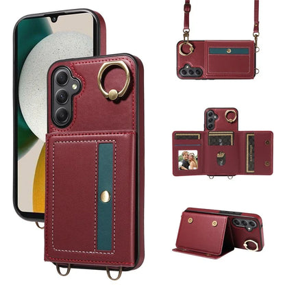 007 For Samsung Galaxy A34 5G Case Calf Texture Leather Phone Back Cover with Lanyard Ring Holder