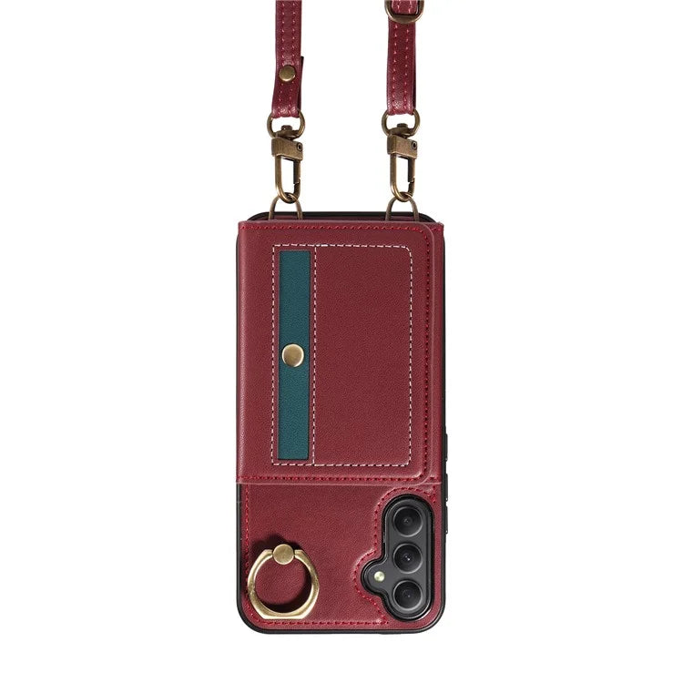 007 For Samsung Galaxy A34 5G Case Calf Texture Leather Phone Back Cover with Lanyard Ring Holder