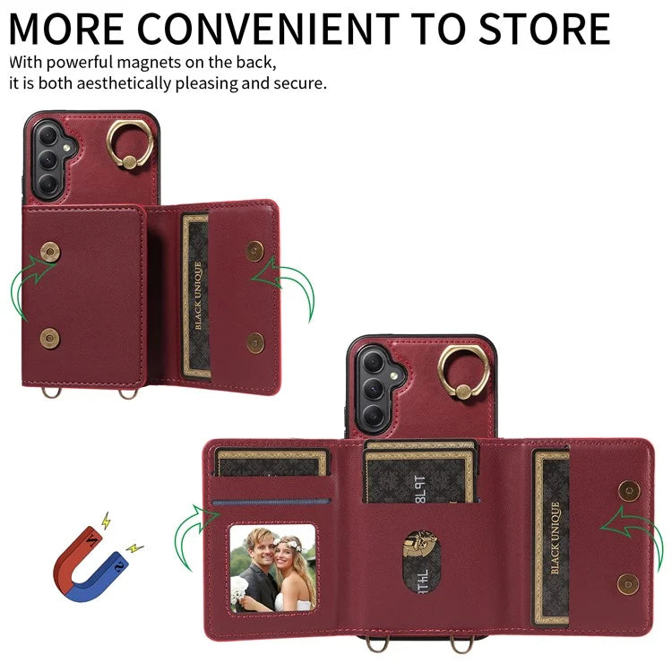 007 For Samsung Galaxy A34 5G Case Calf Texture Leather Phone Back Cover with Lanyard Ring Holder