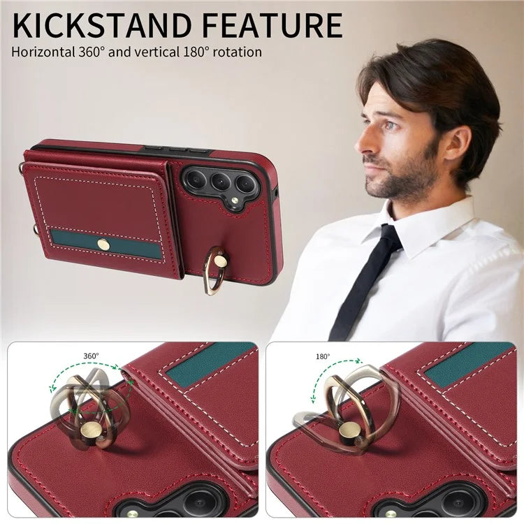007 For Samsung Galaxy A34 5G Case Calf Texture Leather Phone Back Cover with Lanyard Ring Holder