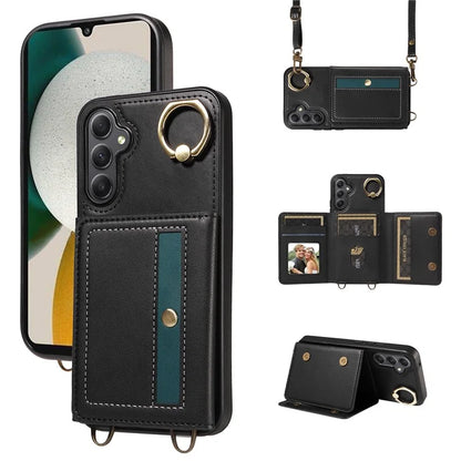 007 For Samsung Galaxy A34 5G Case Calf Texture Leather Phone Back Cover with Lanyard Ring Holder