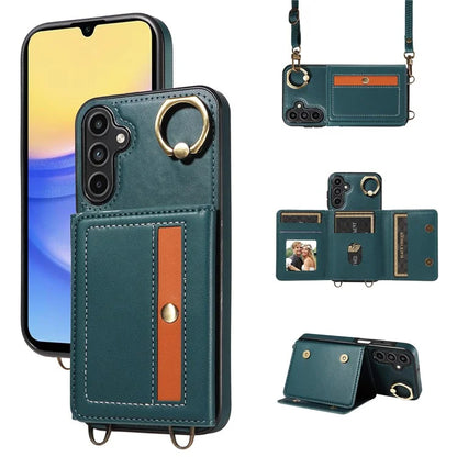 007 For Samsung Galaxy A15 5G Case with Crossbody Rope Leather Phone Back Cover Ring Kickstand
