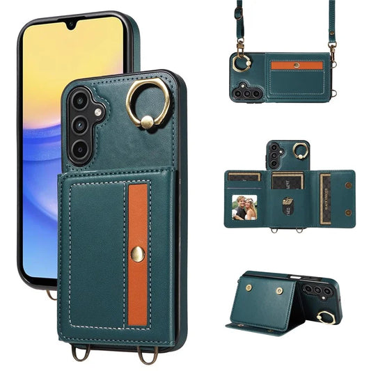 007 For Samsung Galaxy A15 5G Case with Crossbody Rope Leather Phone Back Cover Ring Kickstand