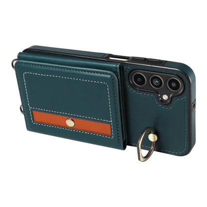 007 For Samsung Galaxy A15 5G Case with Crossbody Rope Leather Phone Back Cover Ring Kickstand
