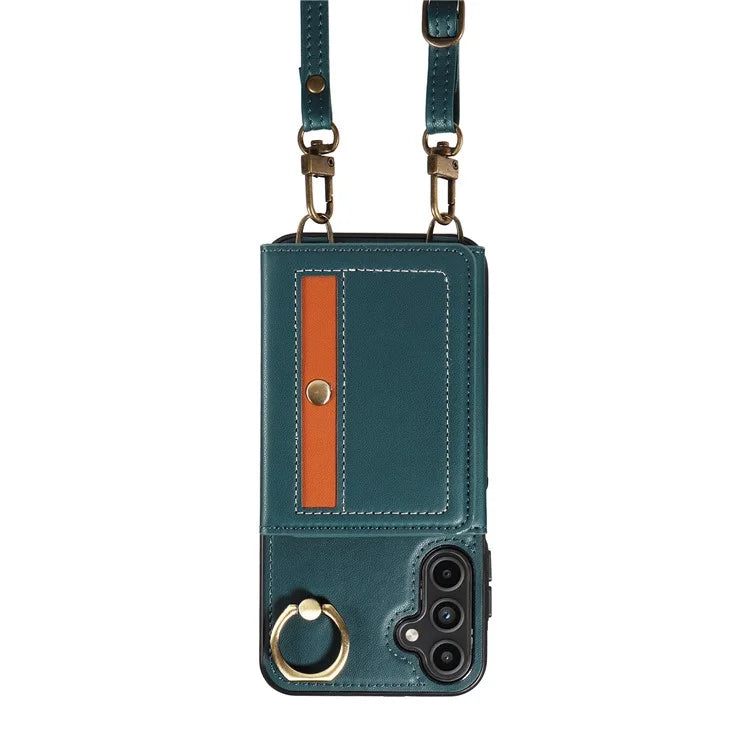 007 For Samsung Galaxy A15 5G Case with Crossbody Rope Leather Phone Back Cover Ring Kickstand