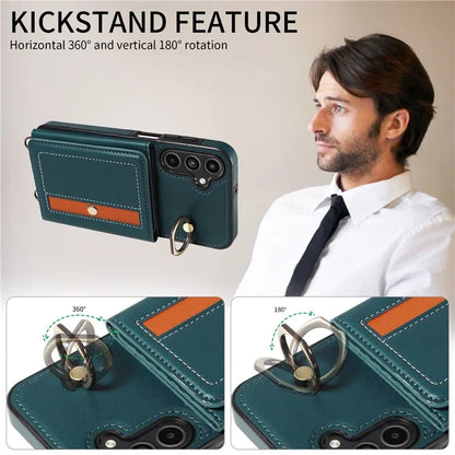 007 For Samsung Galaxy A15 5G Case with Crossbody Rope Leather Phone Back Cover Ring Kickstand