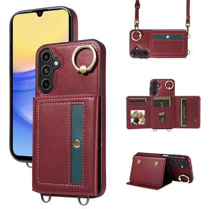 007 For Samsung Galaxy A15 5G Case with Crossbody Rope Leather Phone Back Cover Ring Kickstand