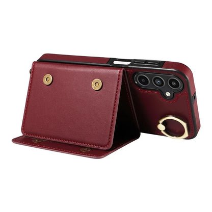 007 For Samsung Galaxy A15 5G Case with Crossbody Rope Leather Phone Back Cover Ring Kickstand