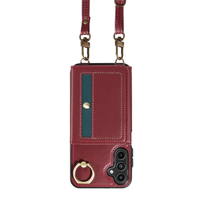 007 For Samsung Galaxy A15 5G Case with Crossbody Rope Leather Phone Back Cover Ring Kickstand