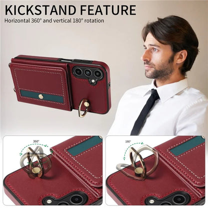 007 For Samsung Galaxy A15 5G Case with Crossbody Rope Leather Phone Back Cover Ring Kickstand