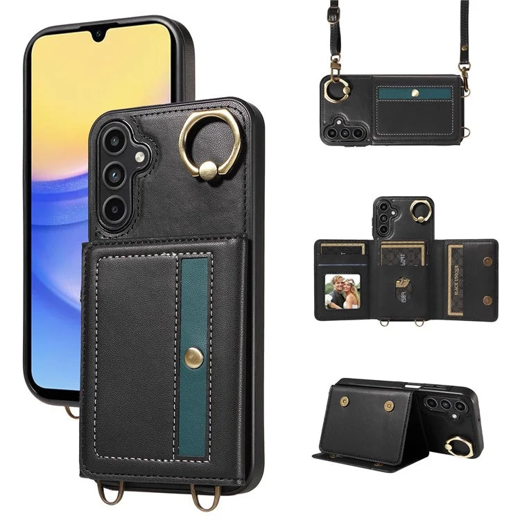007 For Samsung Galaxy A15 5G Case with Crossbody Rope Leather Phone Back Cover Ring Kickstand