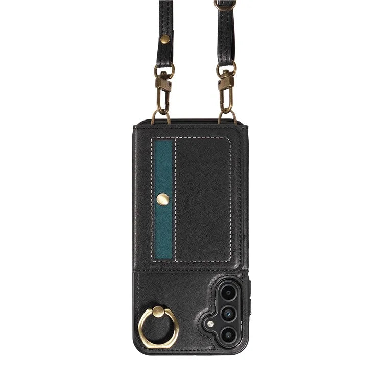 007 For Samsung Galaxy A15 5G Case with Crossbody Rope Leather Phone Back Cover Ring Kickstand