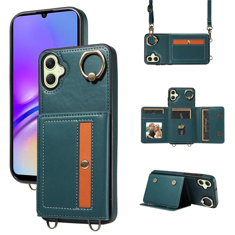007 For Samsung Galaxy A05 4G Case Shoulder Strap Leather Calf Texture Phone Cover Card Holder