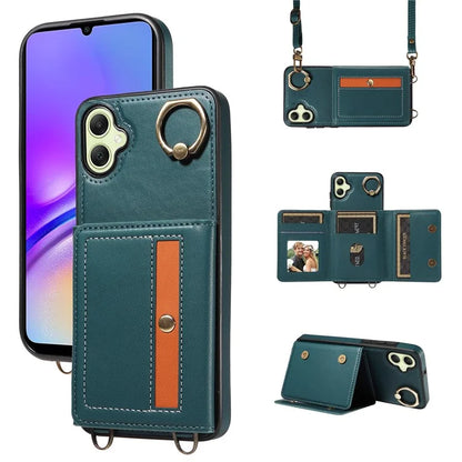 007 For Samsung Galaxy A05 4G Case Shoulder Strap Leather Calf Texture Phone Cover Card Holder
