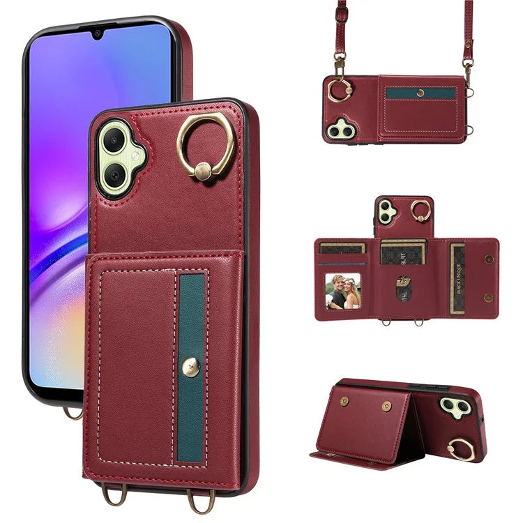007 For Samsung Galaxy A05 4G Case Shoulder Strap Leather Calf Texture Phone Cover Card Holder
