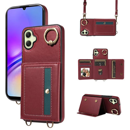 007 For Samsung Galaxy A05 4G Case Shoulder Strap Leather Calf Texture Phone Cover Card Holder