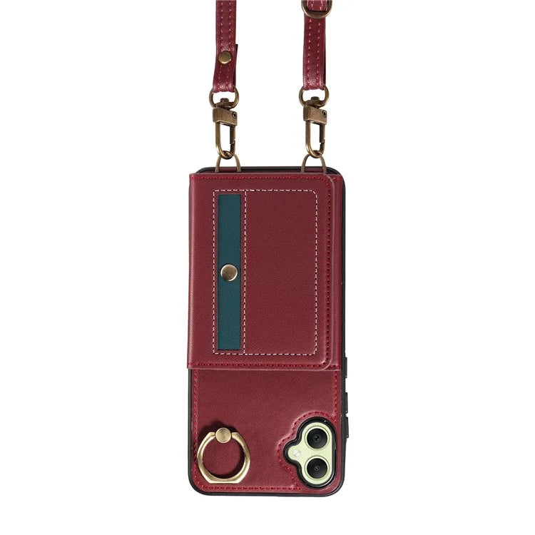007 For Samsung Galaxy A05 4G Case Shoulder Strap Leather Calf Texture Phone Cover Card Holder