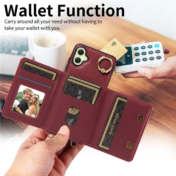 007 For Samsung Galaxy A05 4G Case Shoulder Strap Leather Calf Texture Phone Cover Card Holder