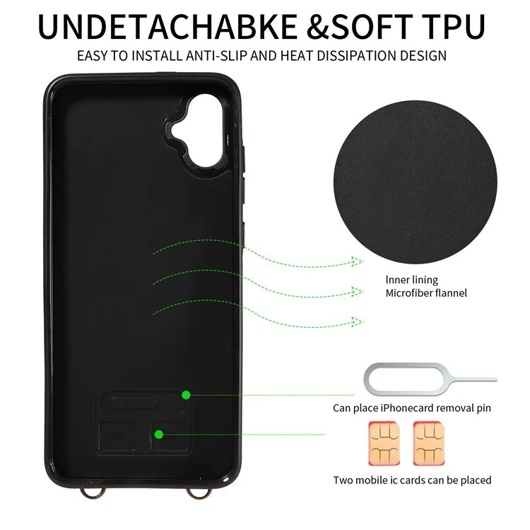 007 For Samsung Galaxy A05 4G Case Shoulder Strap Leather Calf Texture Phone Cover Card Holder