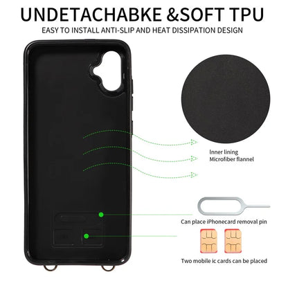 007 For Samsung Galaxy A05 4G Case Shoulder Strap Leather Calf Texture Phone Cover Card Holder