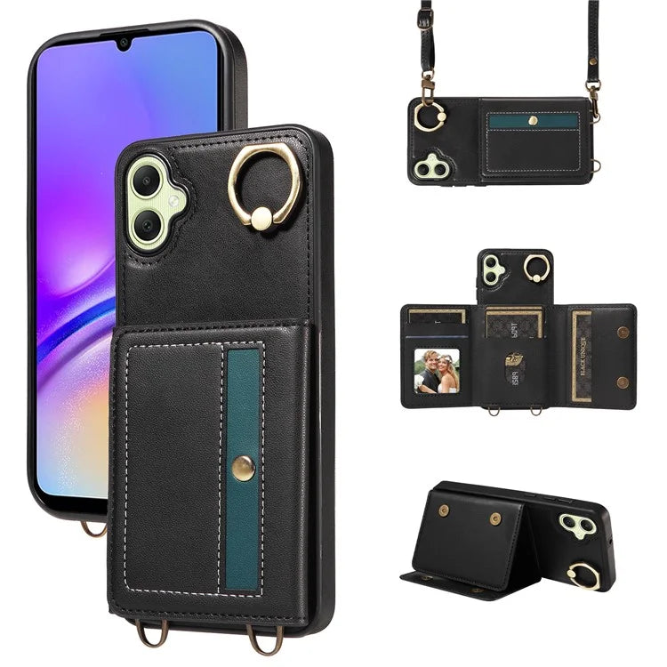 007 For Samsung Galaxy A05 4G Case Shoulder Strap Leather Calf Texture Phone Cover Card Holder