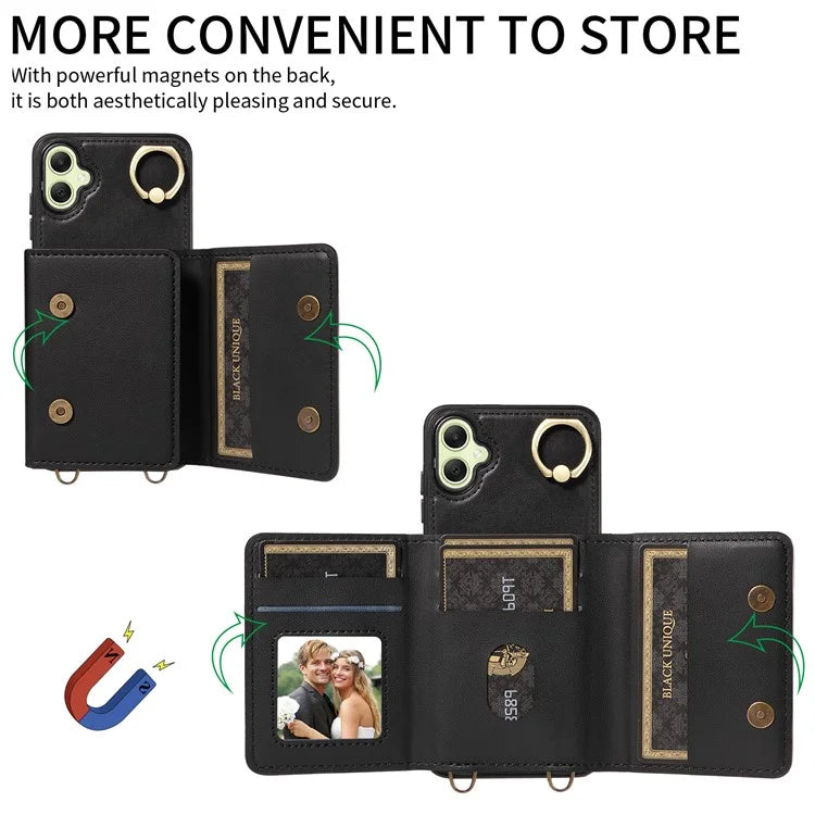 007 For Samsung Galaxy A05 4G Case Shoulder Strap Leather Calf Texture Phone Cover Card Holder