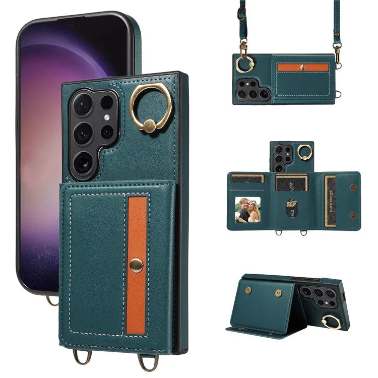 007 For Samsung Galaxy S24 Ultra Crossbody Case Leather Phone Cover Anti-Drop Kickstand