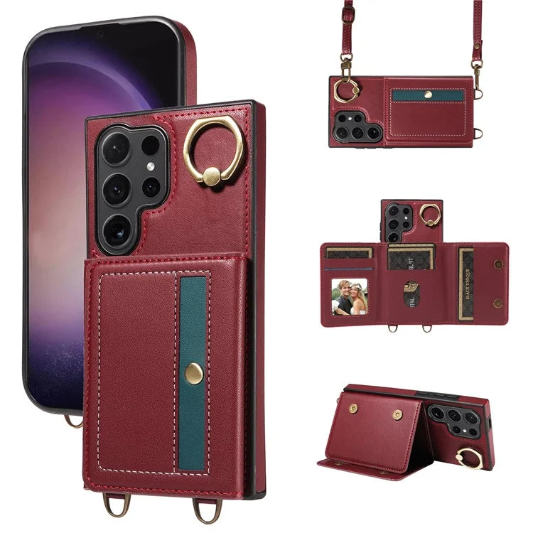 007 For Samsung Galaxy S24 Ultra Crossbody Case Leather Phone Cover Anti-Drop Kickstand