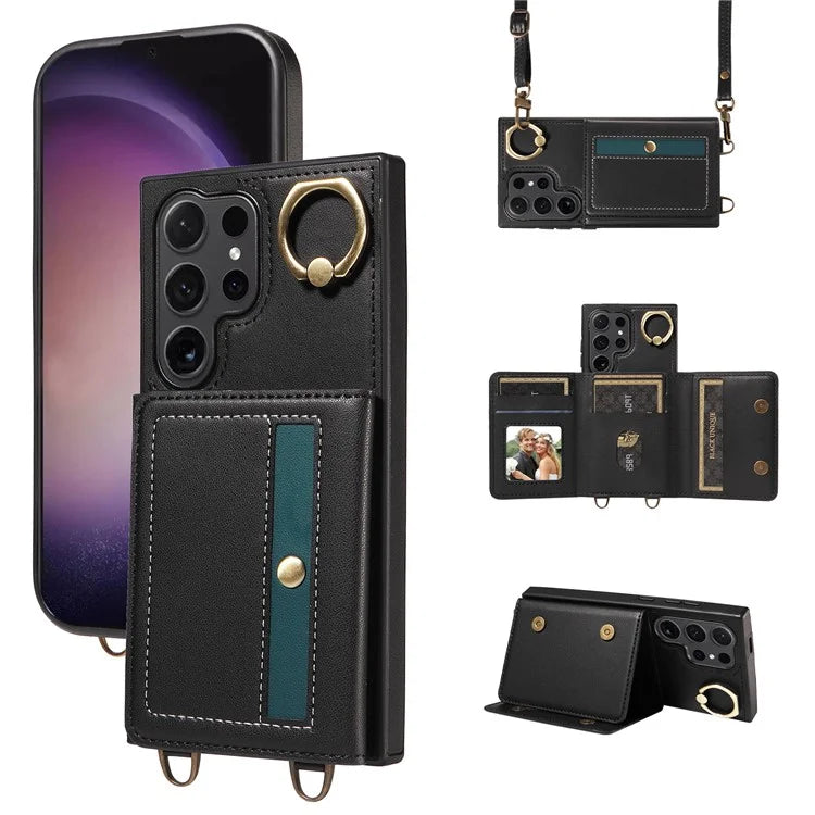 007 For Samsung Galaxy S24 Ultra Crossbody Case Leather Phone Cover Anti-Drop Kickstand