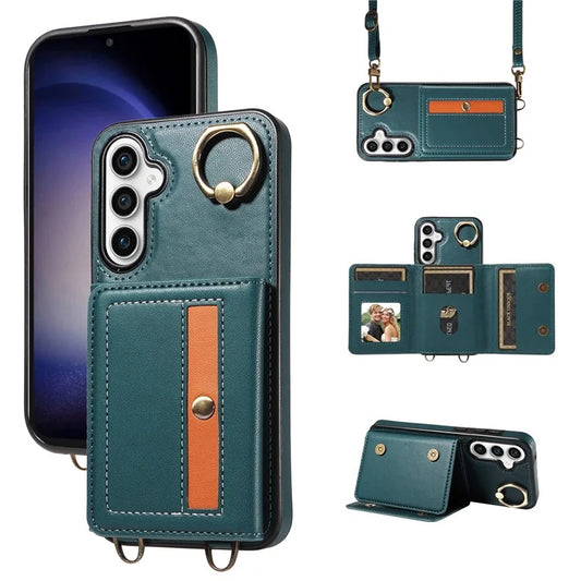 007 For Samsung Galaxy S23 FE Case Card Holder Ring Kickstand Leather Back Cover Crossbody Lanyard