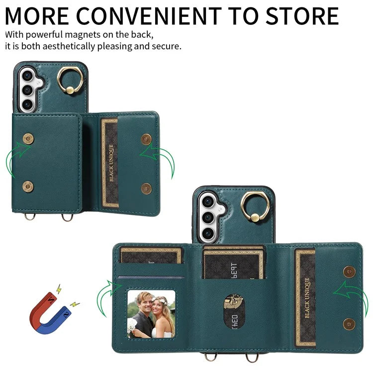 007 For Samsung Galaxy S23 FE Case Card Holder Ring Kickstand Leather Back Cover Crossbody Lanyard