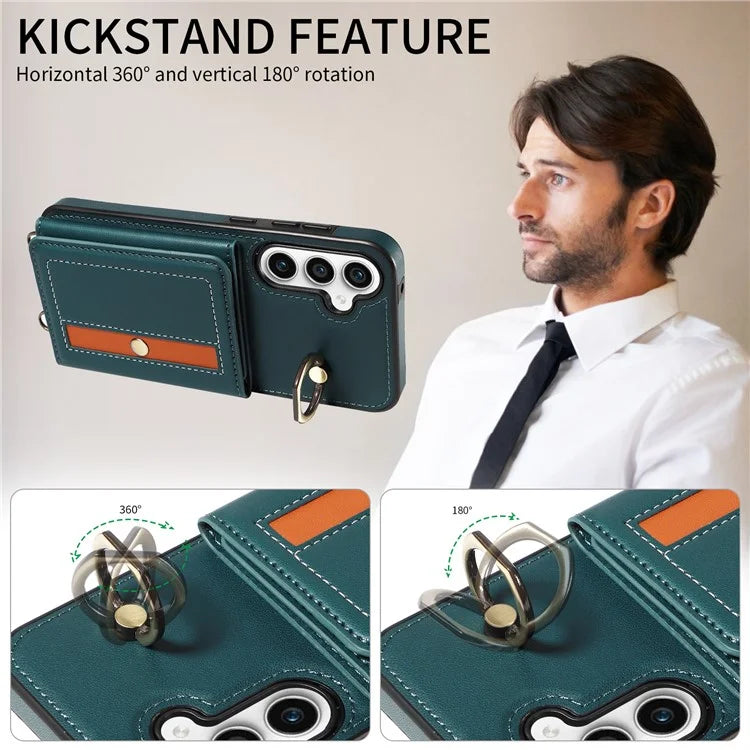 007 For Samsung Galaxy S23 FE Case Card Holder Ring Kickstand Leather Back Cover Crossbody Lanyard