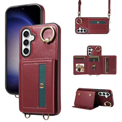 007 For Samsung Galaxy S23 FE Case Card Holder Ring Kickstand Leather Back Cover Crossbody Lanyard
